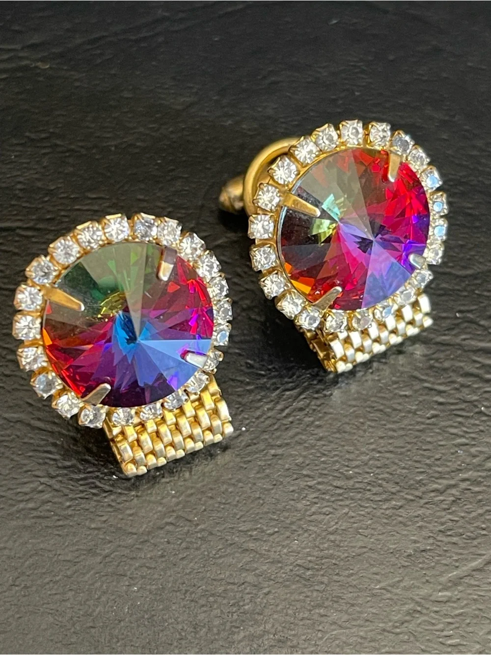 Vintage water melon Rivoli gold tone cuff links.